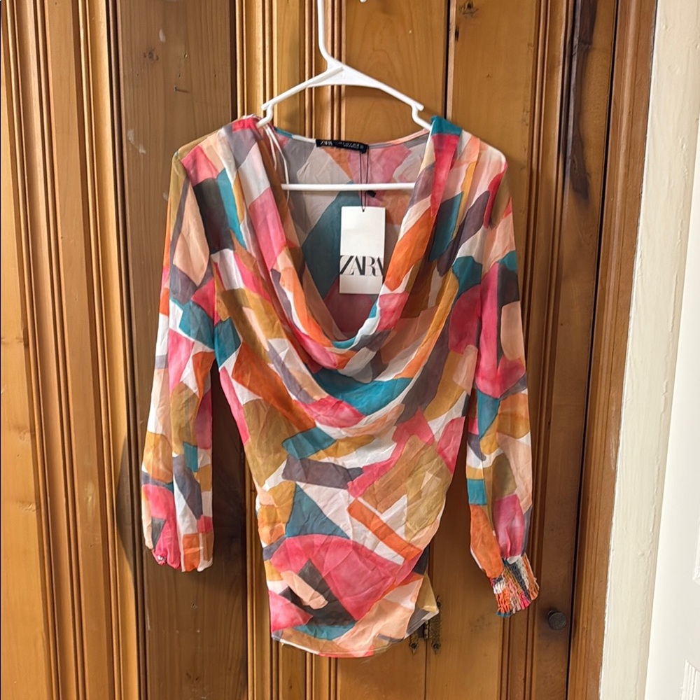 Zara Pink and Blue Graphic Cowl Neck Blouse